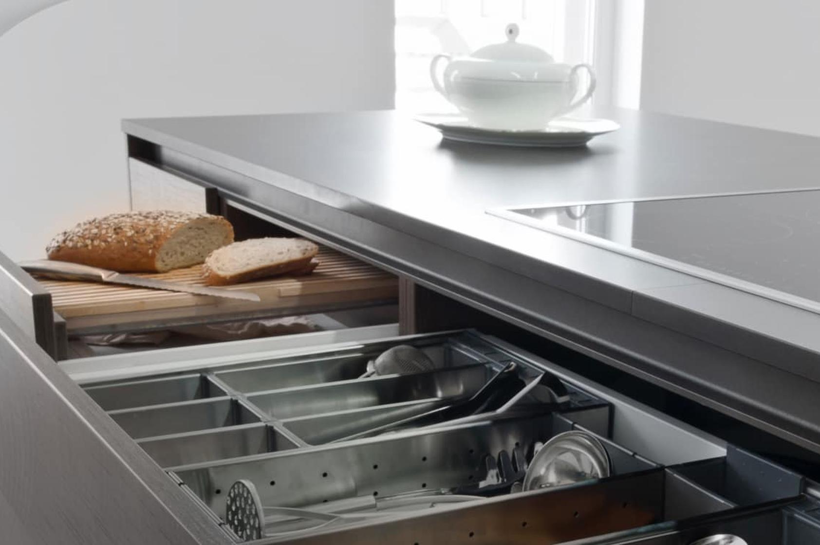 Gslide system in modern kitchen with cutlery and bread drawerrawer